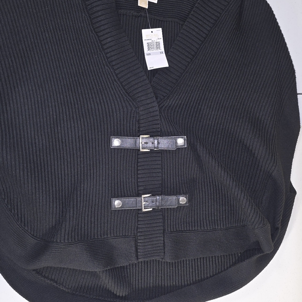 Michael Kors Black Sweater Open Sleeves Buckle Strap Accents Size 1X NWT - Picture 6 of 16